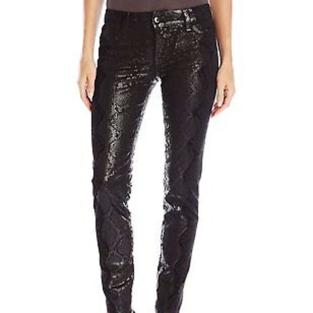 Cache Women's Tonal Premium Faux Leather Black Snake Snakeskin Skinny Pan, sz 10 - Picture 9 of 11